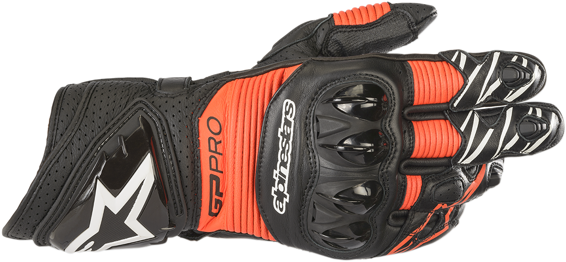 Alpinestars GP Pro R3 motorcycle gloves in black and fluo red, large size, showing detailed design and protective features