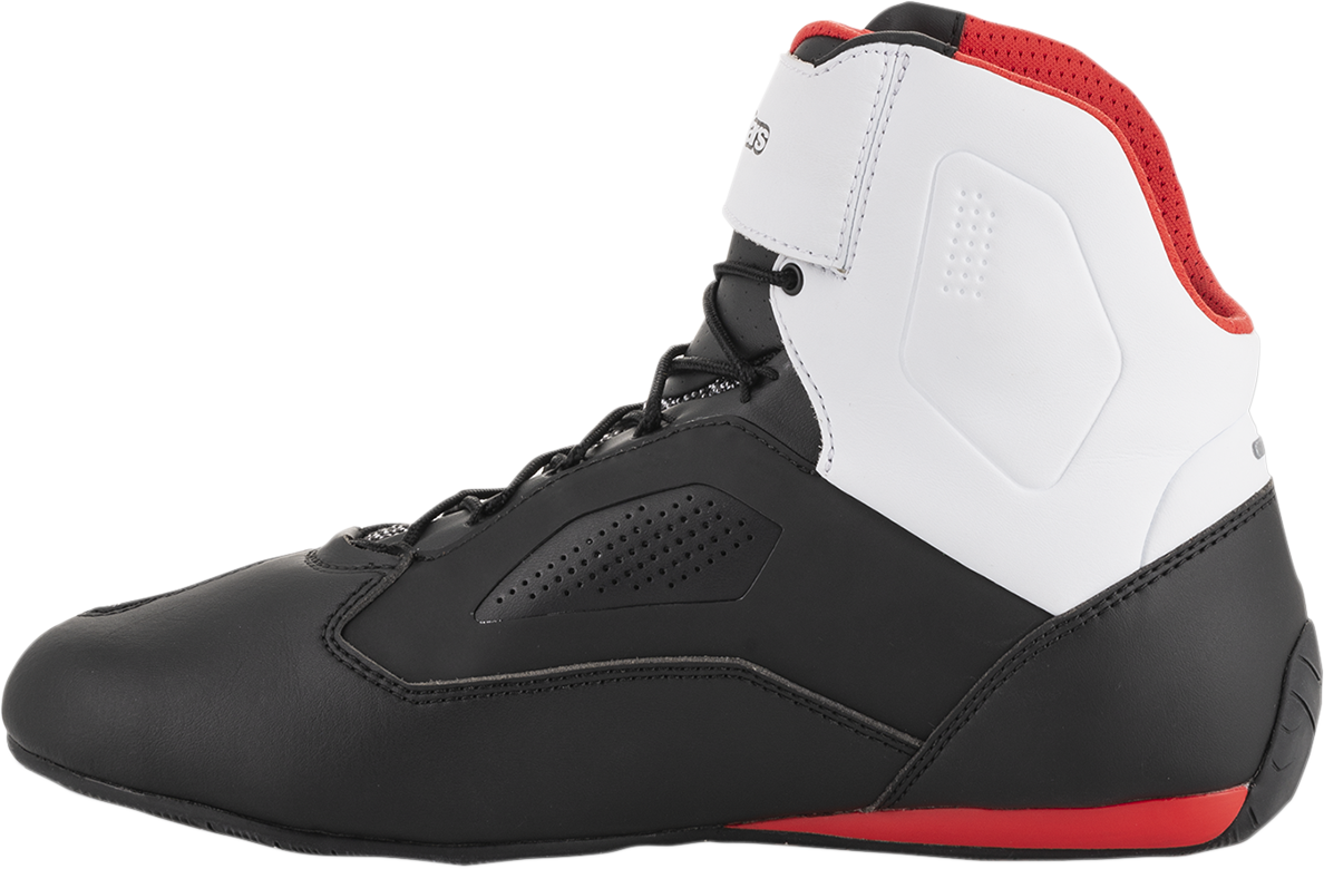 Alpinestars Faster-3 Rideknit® shoes in black, white, and red with US size 8, featuring a sleek athletic design.