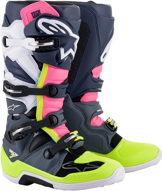 Alpinestars Tech 7 motorcycle boots in black, pink, white, and yellow with US size 8, featuring durable protective design.
