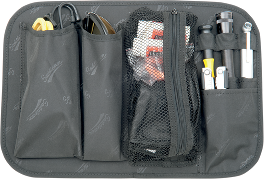 Bill's Exhausts Saddlebag Lid Organizer for seats, showing the sleek, durable lid with secure attachment features.