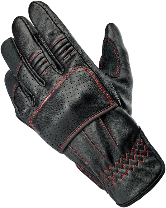 Bill's Exhausts Biltwell Borrego Gloves in Redline, 2XL, showing the durable leather gloves with red accents and reinforced knuckle protection.
