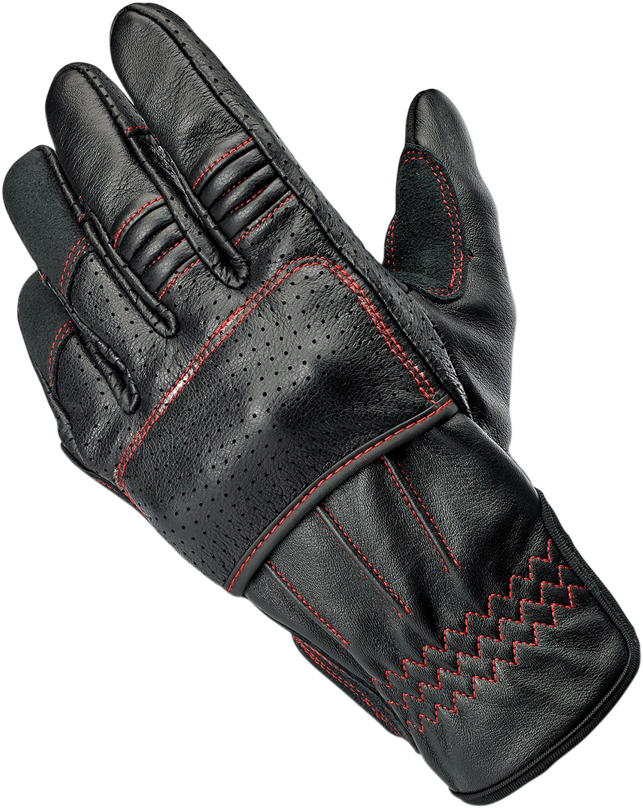 Red Biltwell Borrego gloves in XL size, featuring durable leather and redline accents, designed for motorcycle riding comfort.