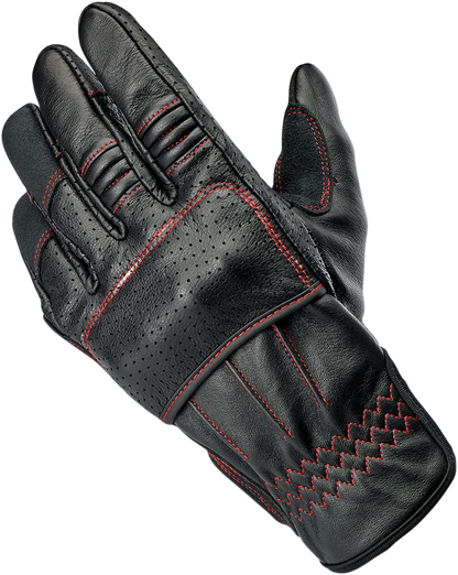 Red Biltwell Borrego gloves in XL size, featuring durable leather and redline accents, designed for motorcycle riding comfort.