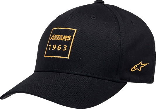 Black ALPINESTARS boxed hat in large/X-large size, featuring a sleek design and adjustable strap, ideal for casual wear.