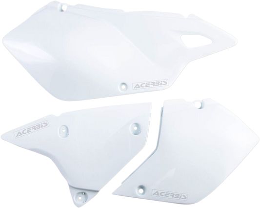 Acerbis white side panels for motorcycle body, with sleek design and branding, designed to fit Bill's Exhausts models.