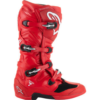 Alpinestars Tech 7 motocross boots in bright red with black accents, US size 7, rugged protective design for off-road riding.