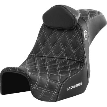 SADDLEMEN Pro Series SDC performance motorcycle seat with backrest, white stitch, for Dyna '06-'17, featuring sleek design.