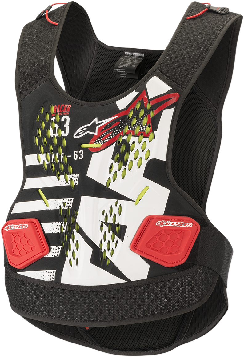 Alpinestars Sequence chest guard in black, white, and red, protective gear designed for XS/S size, front view.