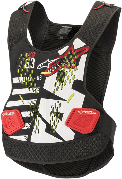 Alpinestars Sequence chest guard in black, white, and red, protective gear designed for XS/S size, front view.
