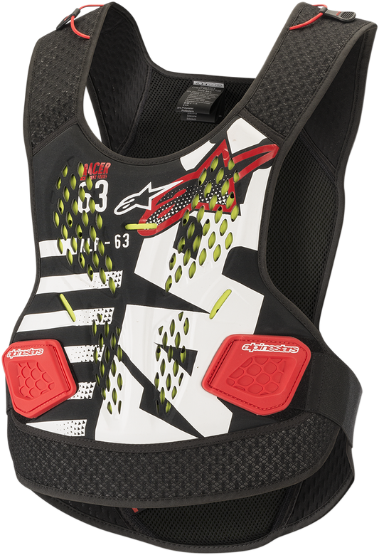 Alpinestars Sequence chest guard in black, white, and red, protective gear designed for XS/S size, front view.