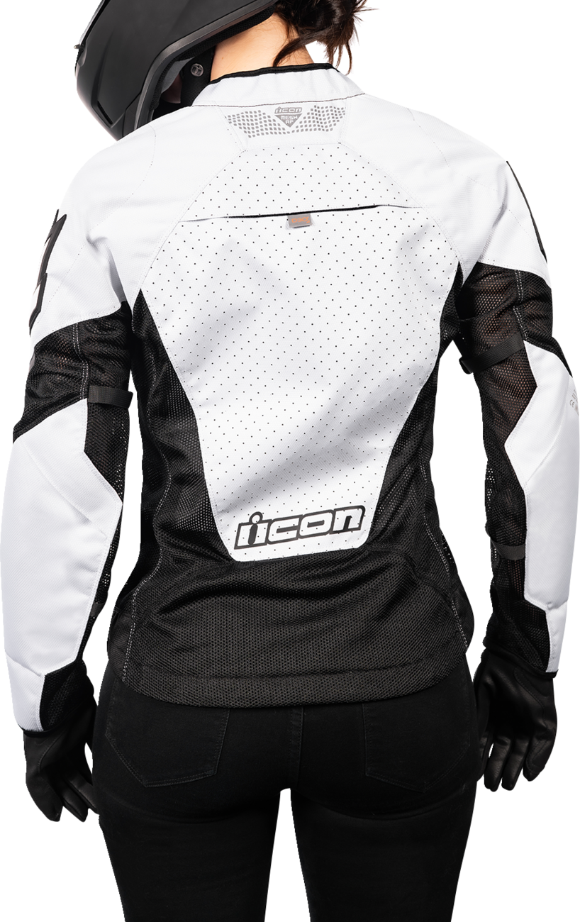 White and black ICON Women's Mesh AF Jacket with mesh panels and lightweight design, shown from the front.