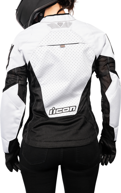 White and black ICON Women's Mesh AF Jacket with mesh panels and lightweight design, shown from the front.
