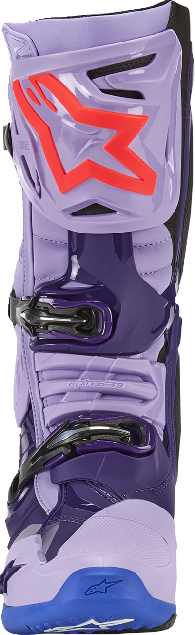 Alpinestars Tech 10 motorcycle riding boots in laser purple with black accents, US size 9, featuring protective knee and ankle support