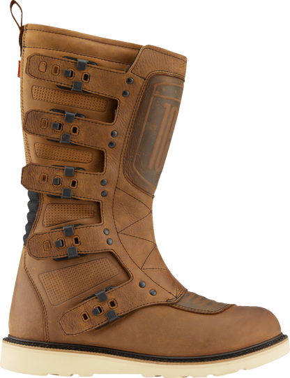Brown ICON Elsinore 2™ CE boots by Bill's Exhausts in size 14, featuring rugged leather and sturdy construction.