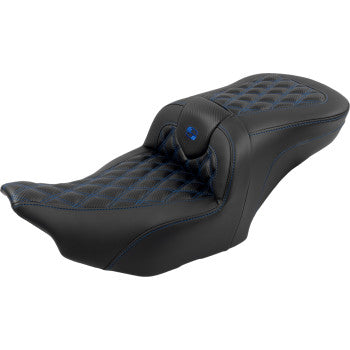 Bill's Exhausts SADDLEMEN RoadSofa™ motorcycle seat with backrest, carbon fiber finish, lattice stitch, and blue stitching for FLTR/FLHX 2023-2024