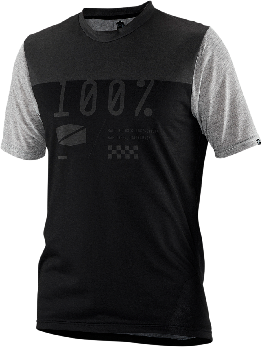 Black and charcoal Bill's Exhausts 100% Airmatic Jersey short-sleeve shirt in medium, showcasing the jersey fabric and design details.