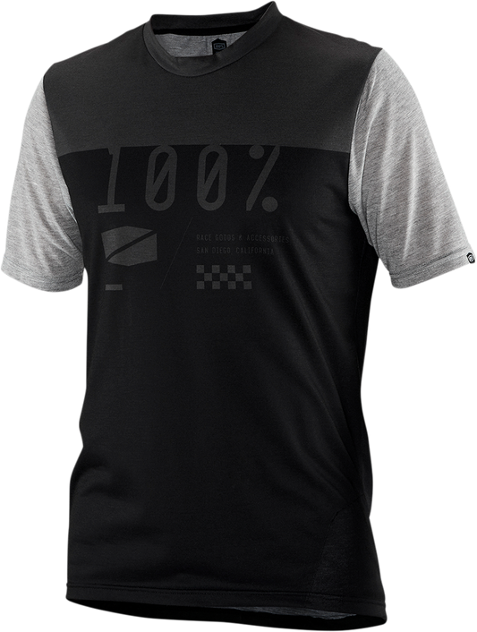 Black and charcoal Bill's Exhausts 100% Airmatic Jersey short-sleeve shirt in medium, showcasing the jersey fabric and design details.
