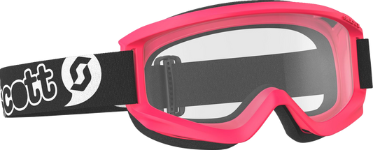 Scott Youth Agent goggles in pink with clear lenses, designed for young skiers, featuring a snug fit and adjustable strap.