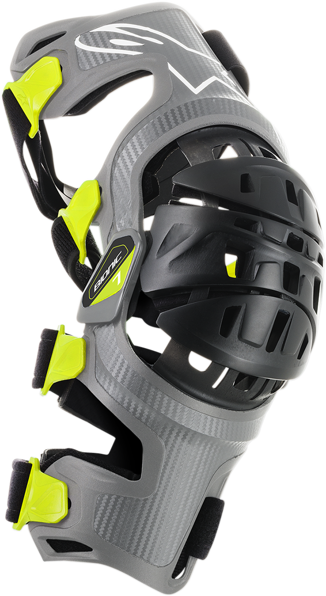 Alpinestars Bionic-7 Knee Braces protective gear set in small size, black with adjustable straps for motorcycle safety.