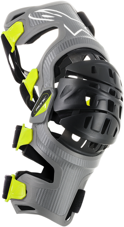 Alpinestars Bionic-7 Knee Braces protective gear set in small size, black with adjustable straps for motorcycle safety.