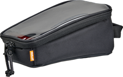Black BILTWEEL EXFIL-2 Mini Tank Bag mounted on a motorcycle, featuring durable material and compact design for motorcycle storage.