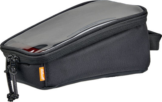 Black BILTWEEL EXFIL-2 Mini Tank Bag mounted on a motorcycle, featuring durable material and compact design for motorcycle storage.