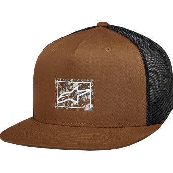 Alpinestars Mackinic trucker hat in brown and black with mesh back and curved brim, one size fits most.