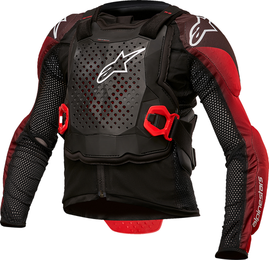 Alpinestars Youth Bionic Tech Motorcycle Jacket in black, white, and red, displayed on a hanger showing the protective design.