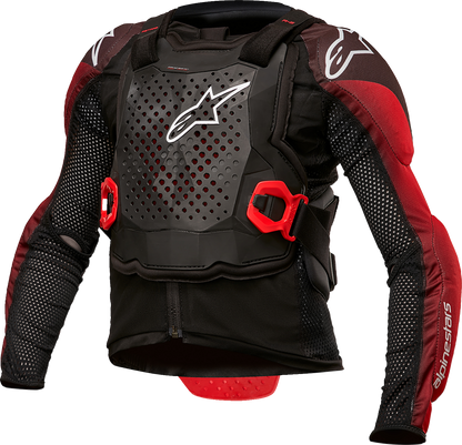 Alpinestars Youth Bionic Tech motorcycle jacket in black, white, and red, displayed on a mannequin, size L/XL.