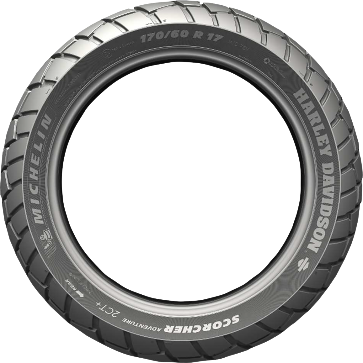 Michelin Scorcher Adventure rear motorcycle tire 170/60R17 with 72V ratings, showcasing the tread pattern and sidewall details.