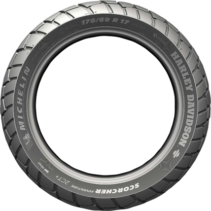 Michelin Scorcher Adventure rear motorcycle tire 170/60R17 with 72V ratings, showcasing the tread pattern and sidewall details.