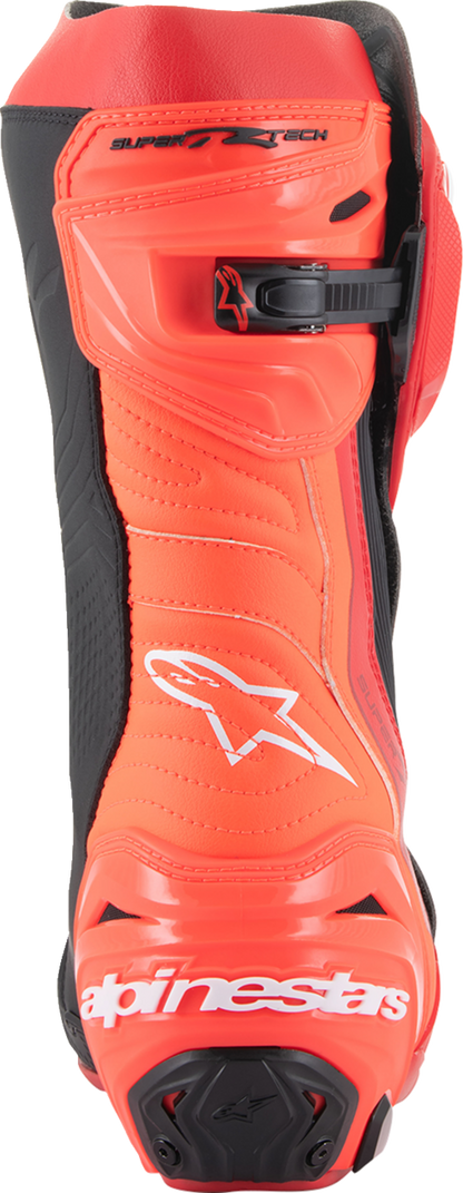 Alpinestars Supertech R motorcycle boots in red, US 9.5 / EU 44, featuring protective design and racing style.