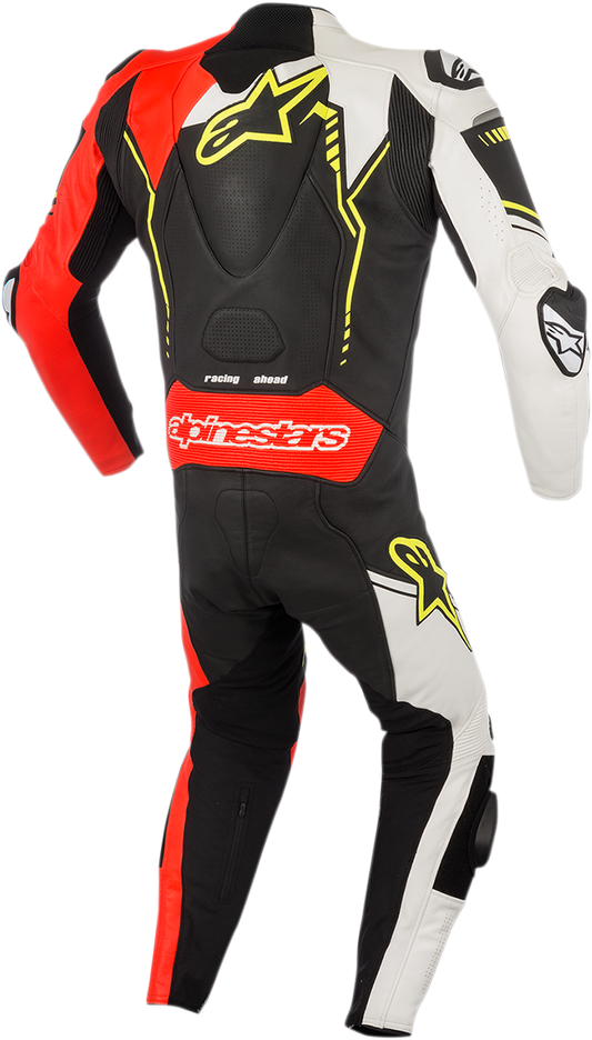 Alpinestars GP Plus v2 1-piece leather motorcycle suit in black, white, red fluorescent, and yellow fluorescent, US 44 / EU 54.