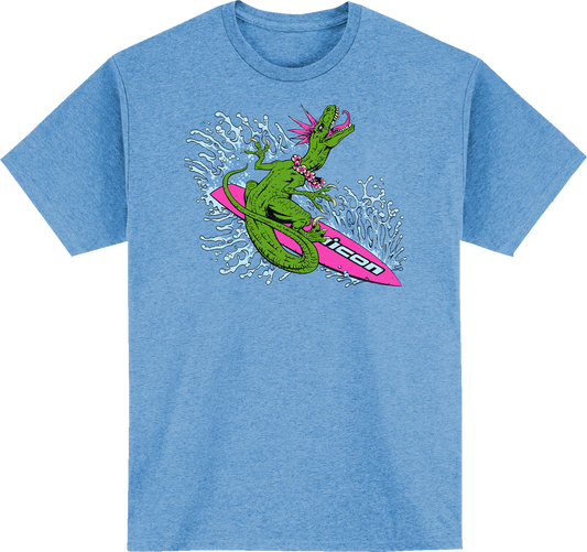 Bill's Exhausts ICON Dino Fury™ T-Shirt in Light Heather Blue, Small, with colorful dinosaur graphic on front.