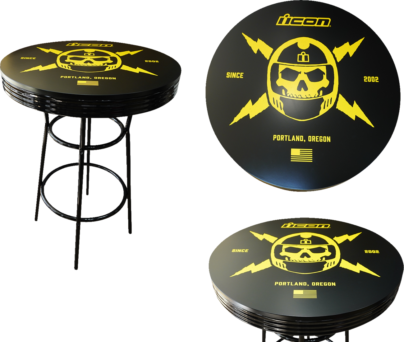 Bill's Exhausts ICON round pub table, 30-inch diameter, with sturdy wooden top and metal base, suitable for bar or casual dining.