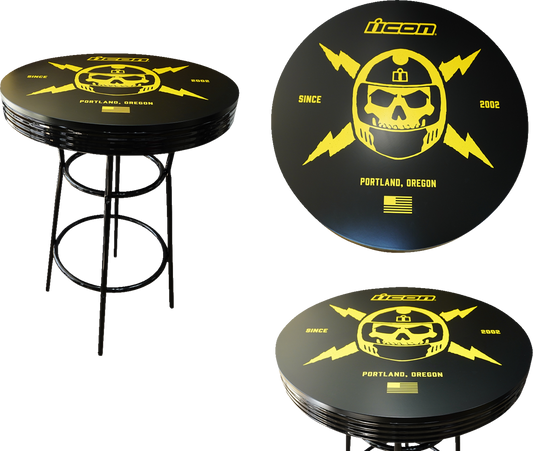 Bill's Exhausts ICON round pub table, 30-inch diameter, with sturdy wooden top and metal base, suitable for bar or casual dining.