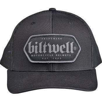 Black BILTWELL Elsinore Hat by Bill's Exhausts, featuring a stylish design and adjustable strap, shown on a neutral background.
