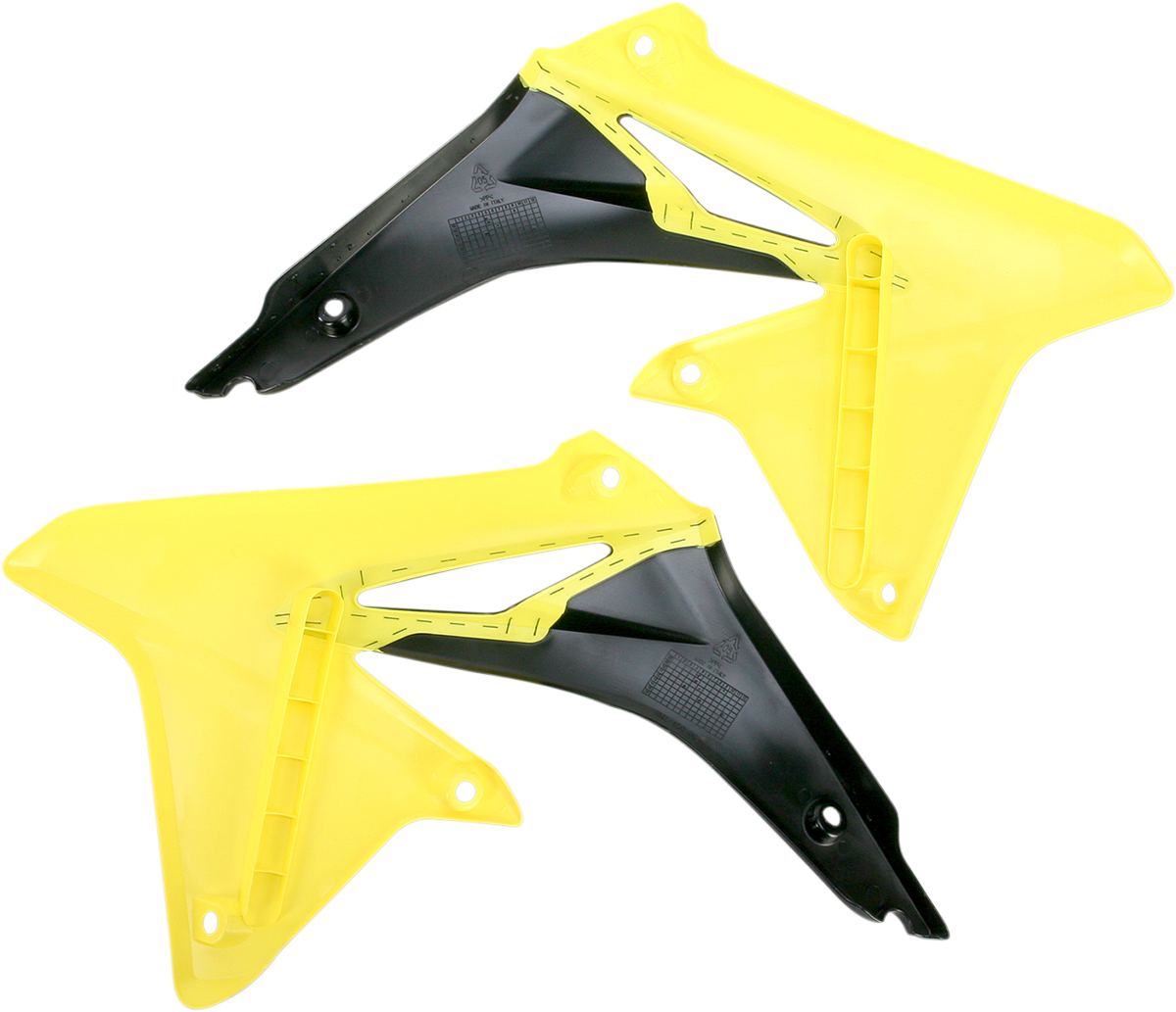 Yellow and black ACERBIS radiator shrouds for motorcycle body, with vented design and mounting points, by Bill's Exhausts.
