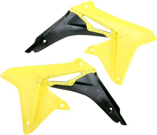 Yellow and black ACERBIS radiator shrouds for motorcycle body, with vented design and mounting points, by Bill's Exhausts.