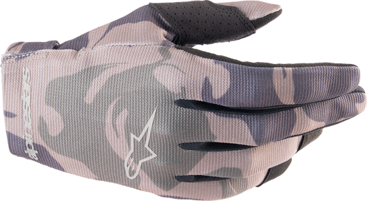 Alpinestars Radar Camo Gloves in 2XL, showing black and green camouflage design with reinforced palms and adjustable wrist strap.