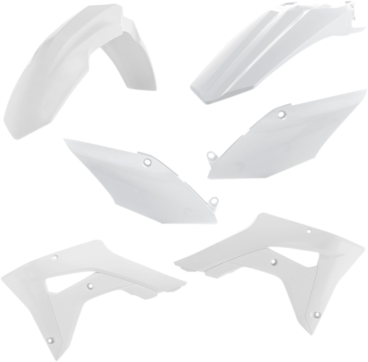 White ACERBIS standard replacement body kit for motorcycles, shown on a workbench with tools and parts.