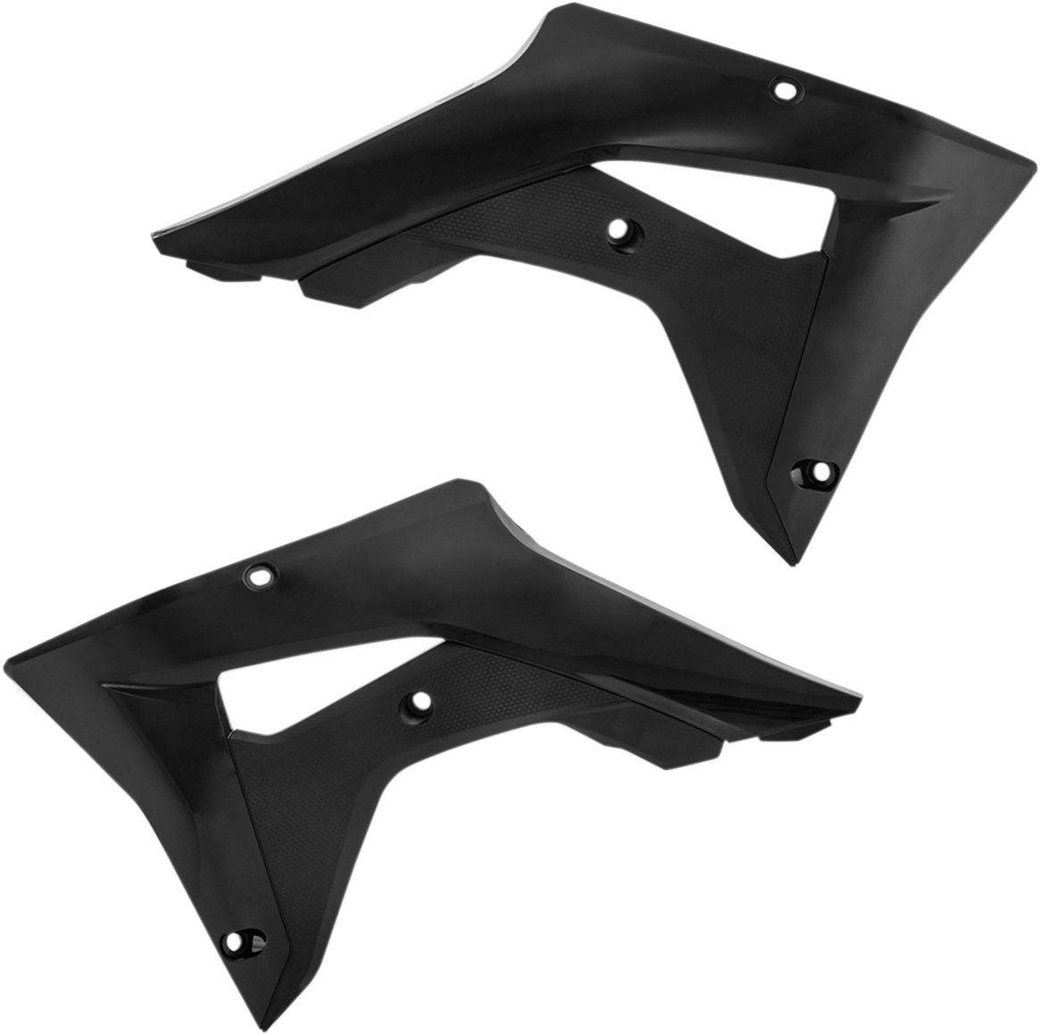 Black ACERBIS radiator shrouds for motorcycle, body parts with ventilation openings, designed for durability and style.