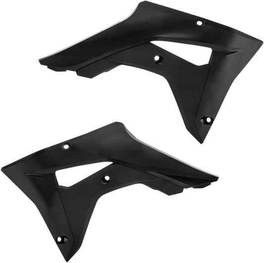 Black ACERBIS radiator shrouds for motorcycle, body parts with ventilation openings, designed for durability and style.