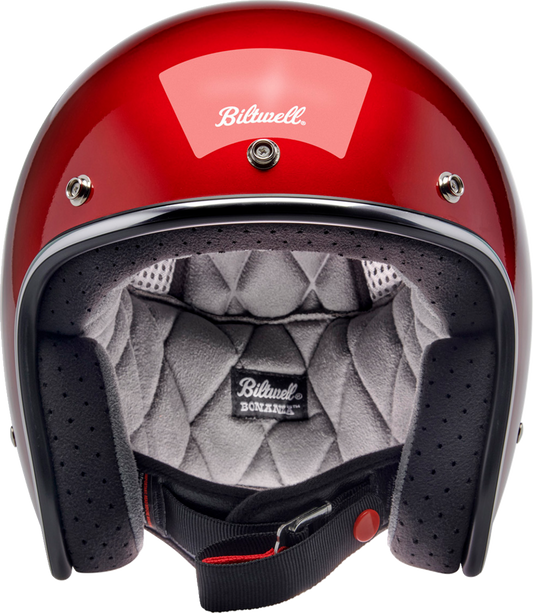 Bill's Exhausts BILTWELL Bonanza helmet in metallic cherry red, XS size, showing the shiny red helmet with smooth finish and strap details.