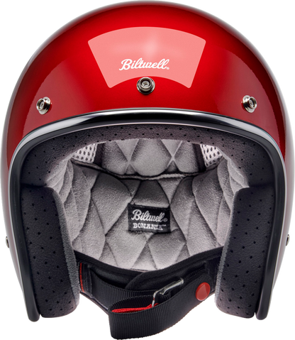 BILTWELL Bonanza helmet in metallic cherry red with matte finish, medium size, featuring sleek design and ventilation vents.