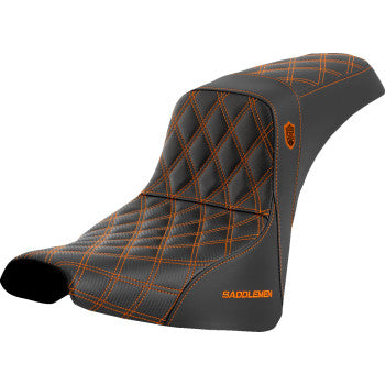SADDLEMEN Pro Series SDC performance motorcycle seat in orange stitch for FXBB/FXST 2018-2023, without backrest, by Bill's Exhausts.