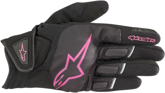 Black and fuchsia Alpinestars Women Stella Atom Gloves in medium size, showcasing protective design and sporty style.