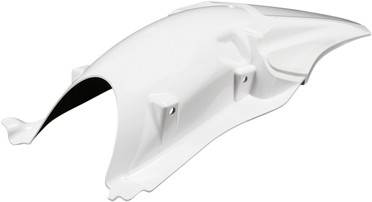 A white Acerbis rear fender for motorcycle, mounted on a bike, showcasing its sleek body design and durable plastic material.