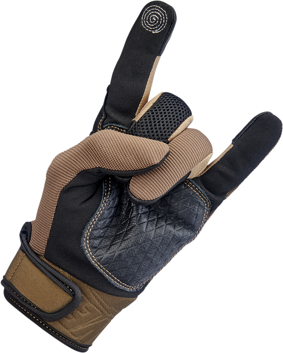 BILTWELL Baja Gloves in chocolate color, large size, made by Bill's Exhausts, featuring durable leather construction.