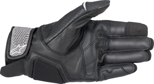 Alpinestars Morph Sport gloves in black and white, medium size, designed for motorcycle riding, with protective features and adjustable straps.